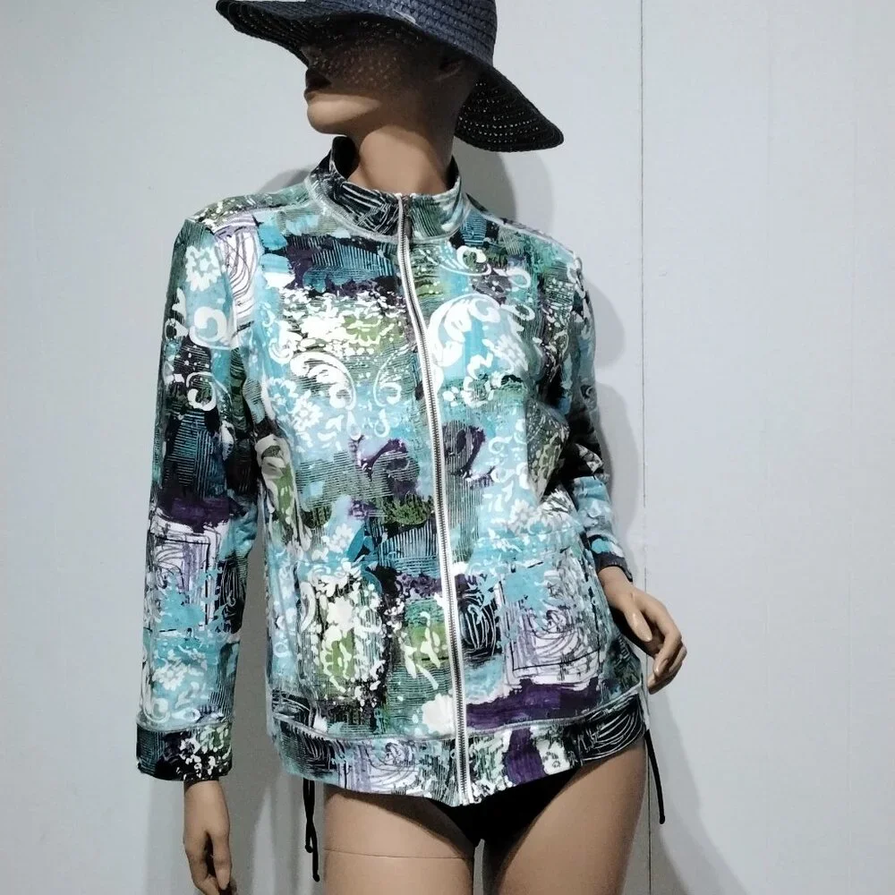 Additions by Chico's Funky Floral Abstract multi-color Zip Light Jacket Size 2 - Picture 14 of 16